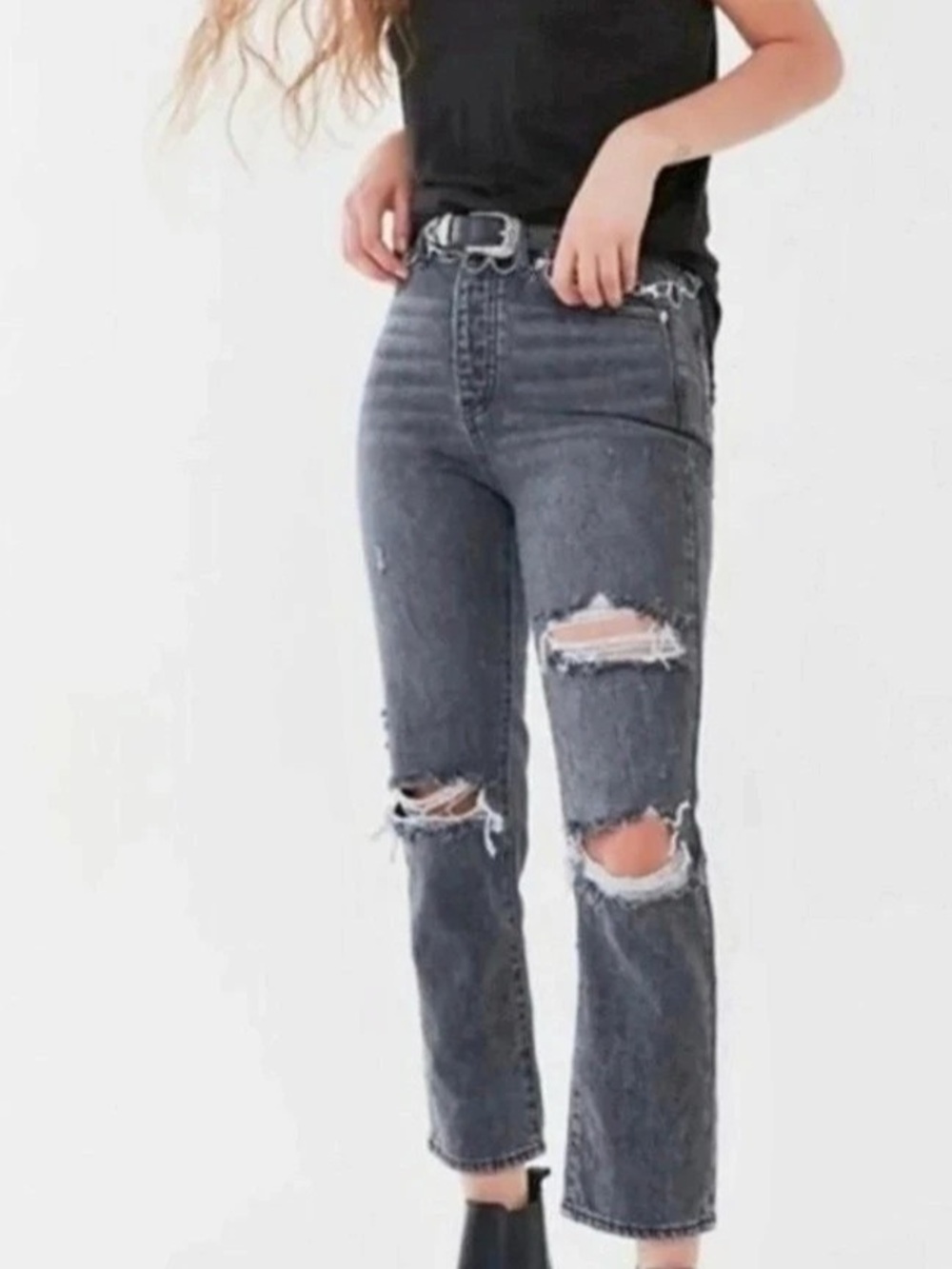 BDG Slim Straight Buttoned Fly Distressed Gray Washed Denim Jeans Waist 28